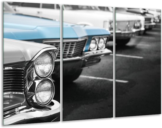 Glasschilderij Oldtimer, Auto - Grijs, Blauw, Zwart - 120x80cm 3Luik - Foto Op Glas - Geen Acrylglas Schilderij - GroepArt 6000+ Glas Art Collectie - Maatwerk Mogelijk