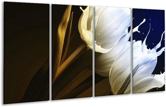 GroepArt - Glasschilderij - Tulp - Wit, Groen, Blauw - 160x80cm 4Luik - Foto Op Glas - Geen Acrylglas Schilderij - 6000+ Glasschilderijen Collectie - Wanddecoratie