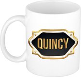 Quincy naam cadeau mok / beker met gouden embleem - kado verjaardag/ moeder/ pensioen/ geslaagd/ bedankt
