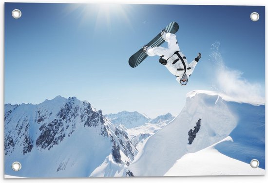 Tuinposter – Snowboarder in Backflip  - 60x40cm Foto op Tuinposter  (wanddecoratie voor buiten en binnen)