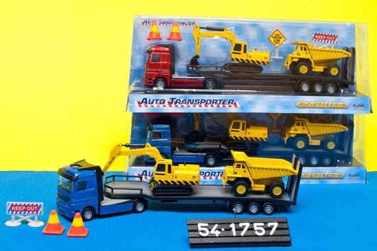 Blauwe en rode diepladers met gele bouwmachines, oranje kegels en borden 'KEEP OUT'.