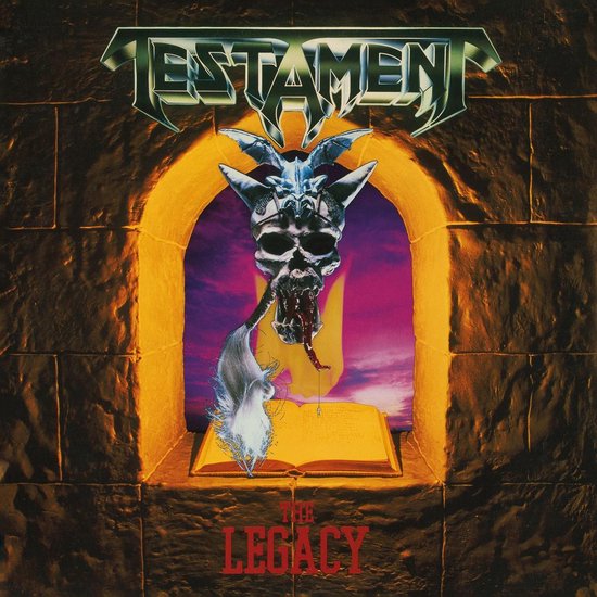 Albumhoes van 'The Legacy' van Testament met een duivels schedel, een geopend boek en rode tekst.