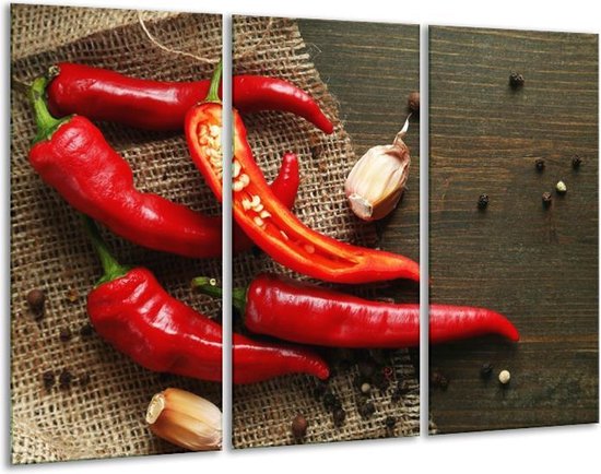 GroepArt - Schilderij -  Paprika - Rood, Bruin - 120x80cm 3Luik - 6000+ Schilderijen 0p Canvas Art Collectie