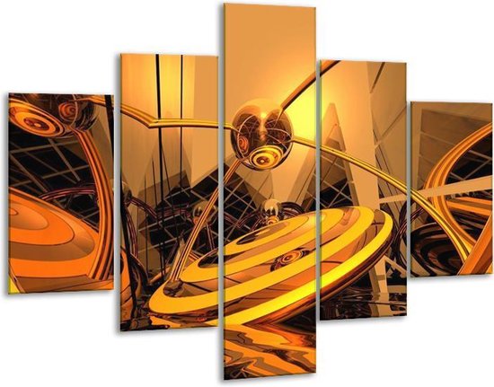 Glasschilderij -  Abstract - Bruin, Goud, Geel - 100x70cm 5Luik - Geen Acrylglas Schilderij - GroepArt 6000+ Glasschilderijen Collectie - Wanddecoratie- Foto Op Glas