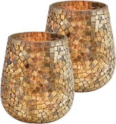 Set van 2x stuks glazen design windlicht/kaarsenhouder mozaiek champagne goud 15 x 13 cm