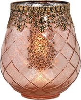Glazen design windlicht/kaarsenhouder in de kleur rose goud met formaat 16 x 18 x 16 cm - Voor waxinelichtjes