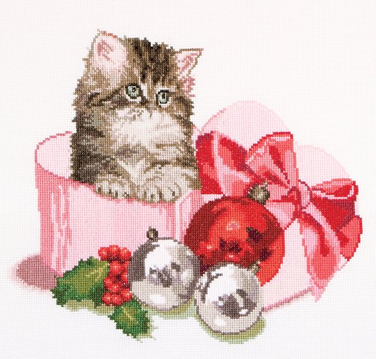 Thea Gouverneur - Borduurpakket met telpatroon - 731A - Voorgesorteerde DMC Garens - Kerst Kitten - Aida - 31 cm x 30 cm - DIY Kit
