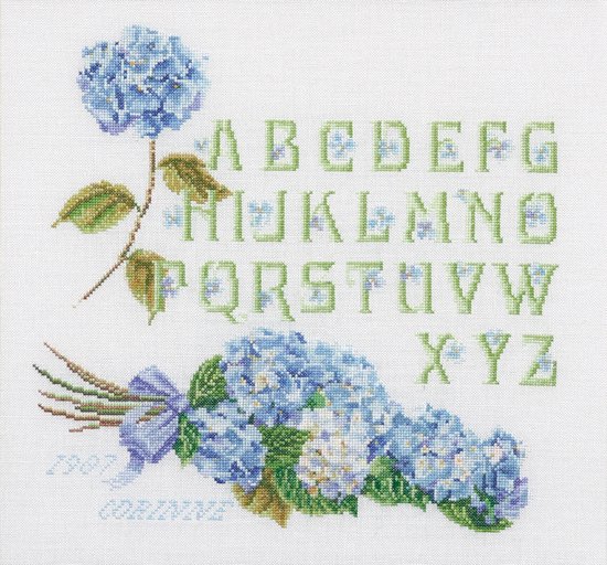 Thea Gouverneur - Borduurpakket met telpatroon - 2088 - Voorgesorteerde DMC Garens - Hortensia Alfabet - Linnen - 34 cm x 36 cm - DIY Kit
