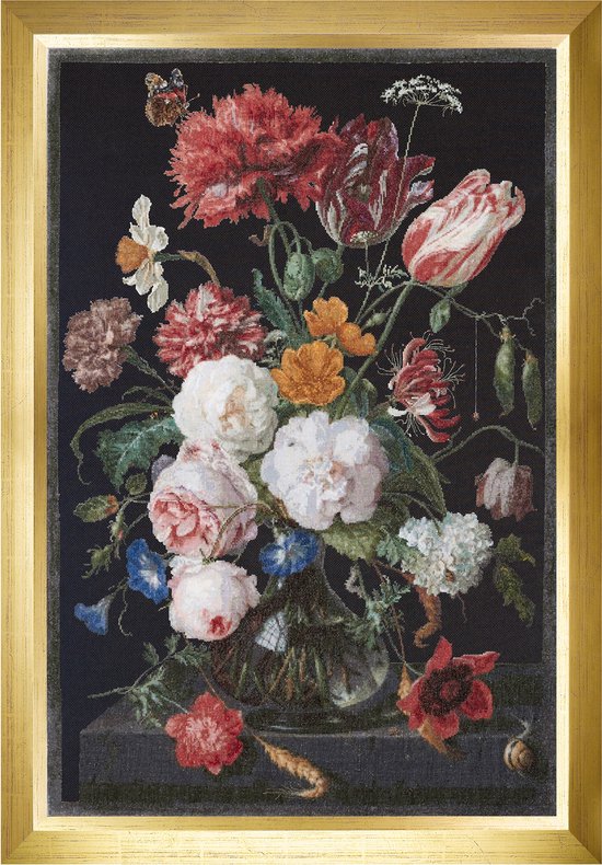 Thea Gouverneur - Borduurpakket met telpatroon - 785.05 - Voorgesorteerde DMC Garens - Stilleven met bloemen in een glazen vaas. Jan Davidsz. de Heem. 1650 - 1683 - Zwart Aida 7 kruisjes/cm- 72 cm x 49 cm - DIY Kit