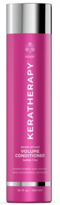 Roze fles met volume conditioner, met het Keratherapy logo en tekst in het wit.
