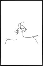 JUNIQE - Poster in kunststof lijst Oneline Kiss -20x30 /Wit & Zwart