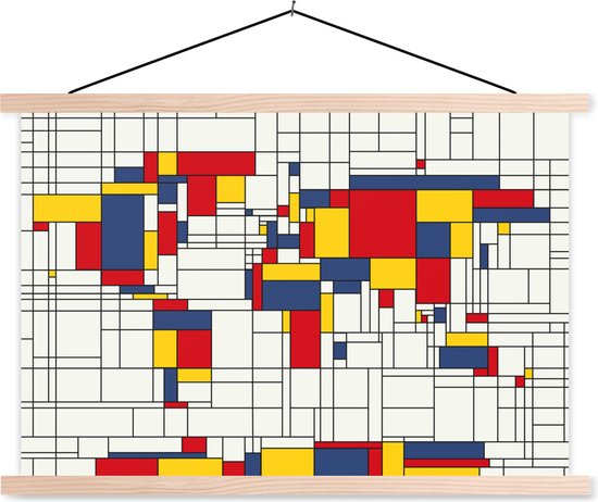 Foto: Wereldkaart mondriaan origineel schoolplaat platte latten blank 150x100 cm foto print op textielposter wanddecoratie woonkamer slaapkamer 