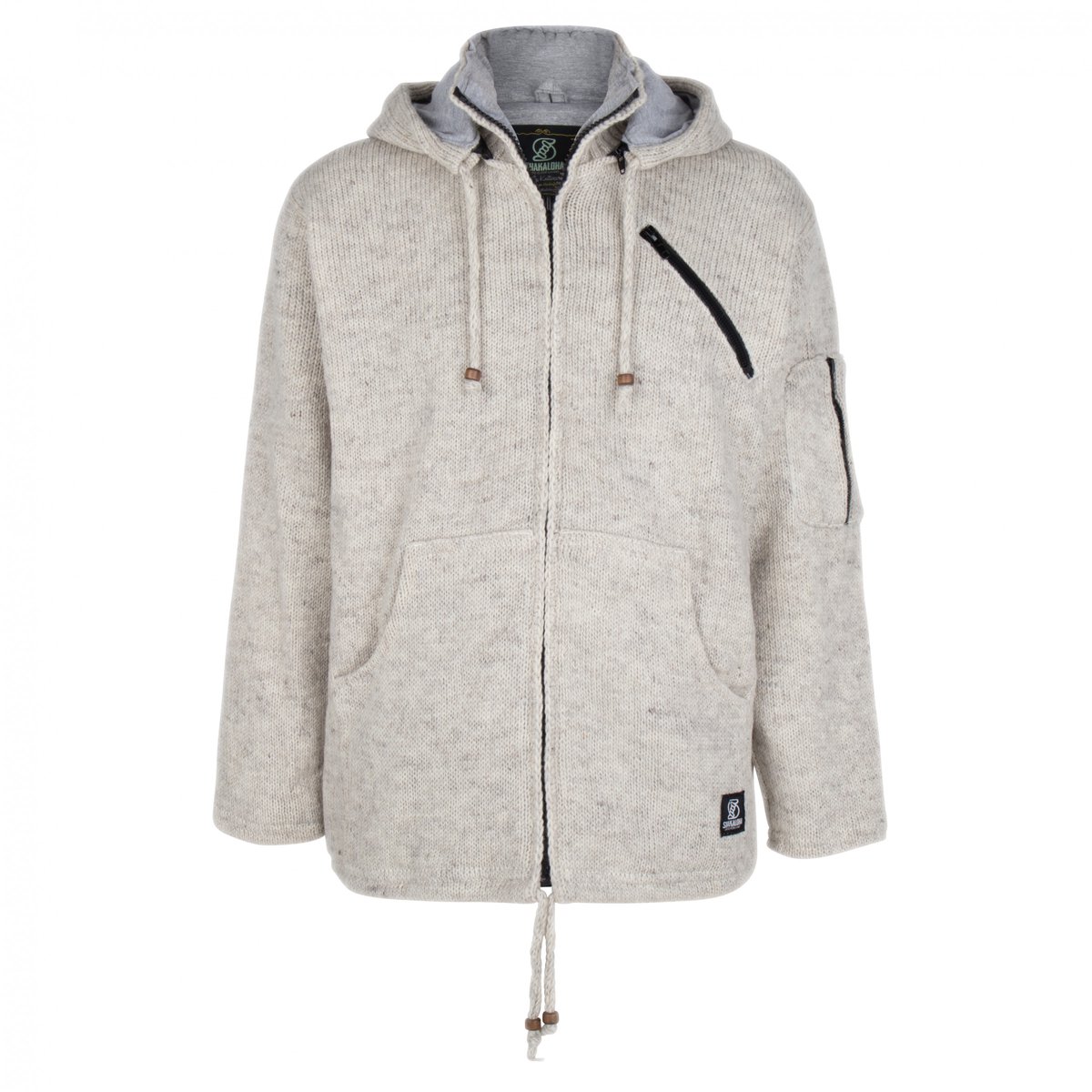 Gebreid Wollen Heren/Uni Vest van Schapenwol met Katoenen Voering en afneembare capuchon SHAKALOHA Cruiser Ziphood Beige