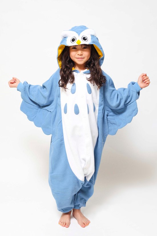 KIMU Onesie Blauwe Uil Pak - Maat 146-152 - Uilenpak Kostuum Blauw - Vogelpak Kinder Pyjama Jumpsuit Huispak Jongen Meisje Fleece Overall Halloween