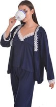 Dames Katoen Pyjama | 4-delige set | Katoen nachtkleding | Katoen nachthemd | Elegant Katoen Ochtendjas | Cadeau voor dames | kleur: marineblauw | maat: L