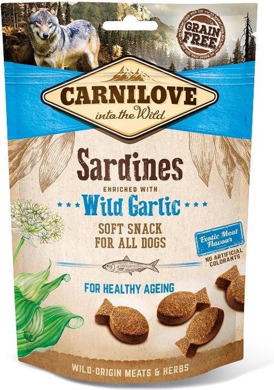 CarnaLove Sardines met Wild Garlic, een zachte, graanvrije hondensnack met visvormige snacks.