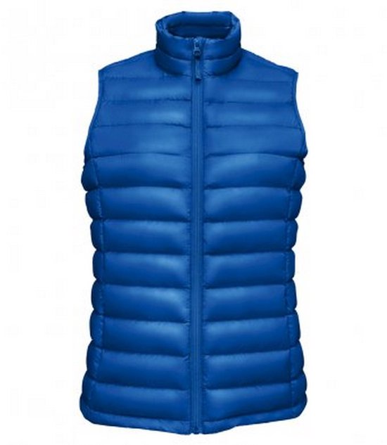 Vooraanzicht van een koningsblauwe, lichtgewicht gewatteerde bodywarmer voor dames met ritssluiting.