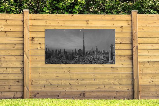Affiche de clôture panorama de Dubaï avec le Burj Khalifa - noir et blanc - 200x100 cm - Toile de jardin