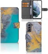 Flip Case Geschikt voor Samsung Galaxy S21 FE Hoesje Marble Blue Gold