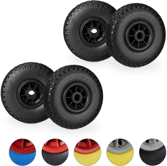 Quatre roues 3.00-4 noires avec jantes noires en plastique, gros plan avec options de couleur.