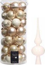 49x stuks glazen kerstballen parel/wit 6 cm inclusief witte piek - Kerstversiering