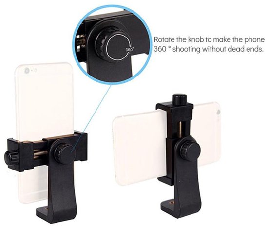 Zwarte telefoonhouder met indicatie voor 360° rotatie, met ingezoomd detail.