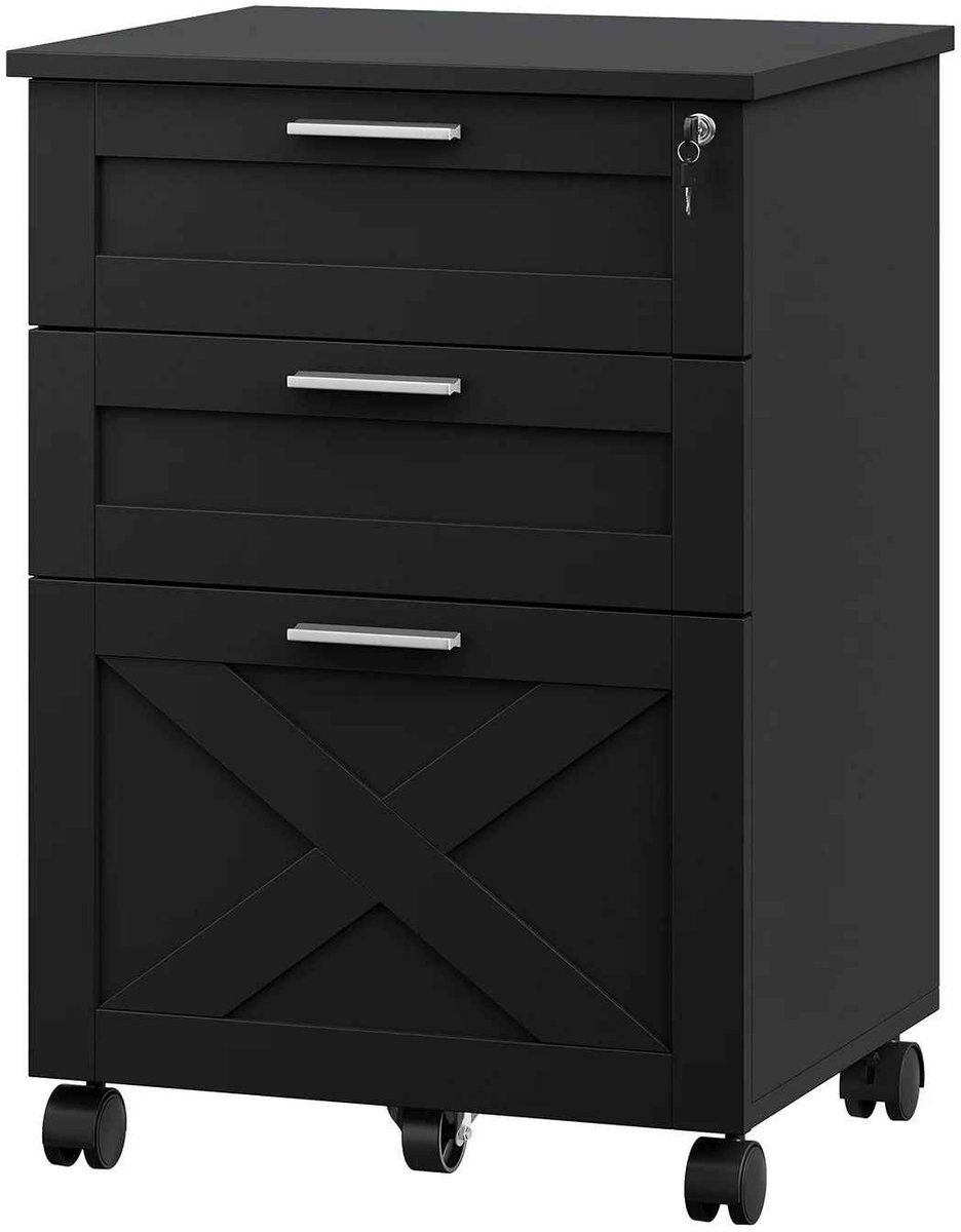 CORE Houten Archiefkast met 3 Laden en Slot - Mobiele Onderbureau Opbergkast op Wielen - Printerstandaard en Organizer - Geschikt voor A4, Letter en Legal Formaten - Robuuste Kantooropslag - Verrijdbare Documentenkast - Afmeting 48,5x40x68cm - Zwart