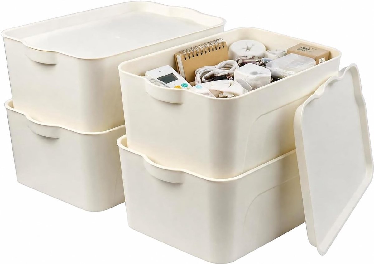 Set van 4 opbergdozen met deksel 15L kunststof PP stapelbare organizer | dozen, kantoor, kledingkast, keuken, wit