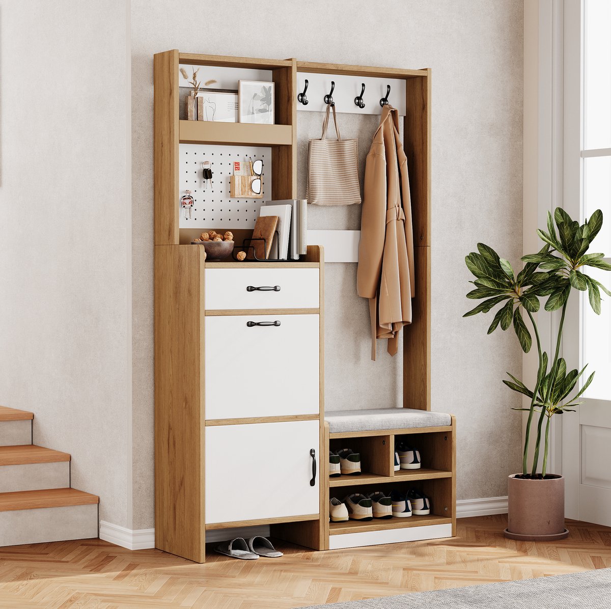 STILVORA Schoenenkast - Halkast Met Zitbank En Haken - 1 Lade, Klepvak En Open Opbergruimte - Spaanplaat - 108,5x35x180 Cm - Wit;Natuurlijk