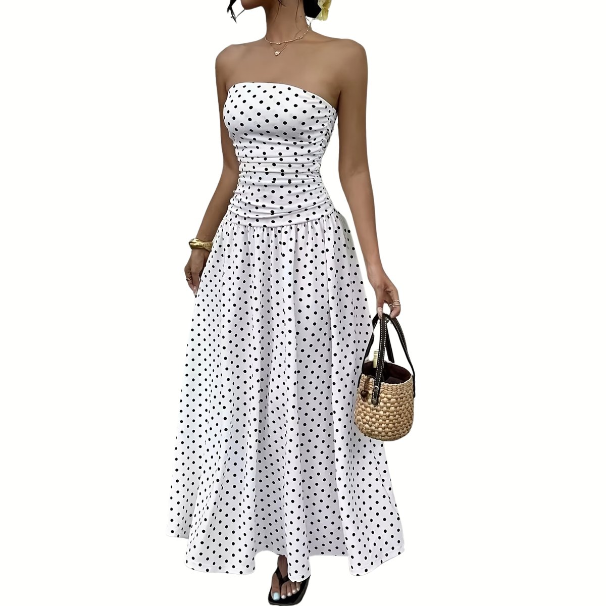 Currero Jurk Met Polkadots Stippen Zomerjurk Dames Zomerjurken Midi Jurk Volwassenen Ibiza Stijl Sundress Dress L/XL Wit