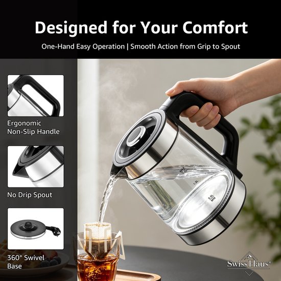 Glazen waterkoker wordt geleegd in een koffiefilter. Details van handvat, tuit en draaivoet.
