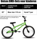 Groene unisex kinder BMX fiets met zwarte banden en zadel. Afmetingen: 20 inch wielmaat, aanbevolen lengte meer dan 110 cm, vanaf 7 jaar.