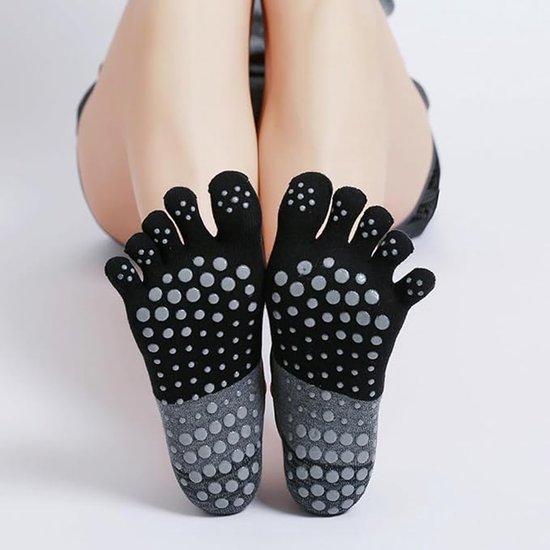2 paar - Yogasokken - Antislip sokken met vijf tenen - Pilates korte sokken - Zwart, grijs - Ademend - Met antislip nopjes - Geschikt voor Pilates, yoga en algemene oefeningen - Ook geschikt voor Pilates aan de barre en andere oefeningen — afbeelding 3