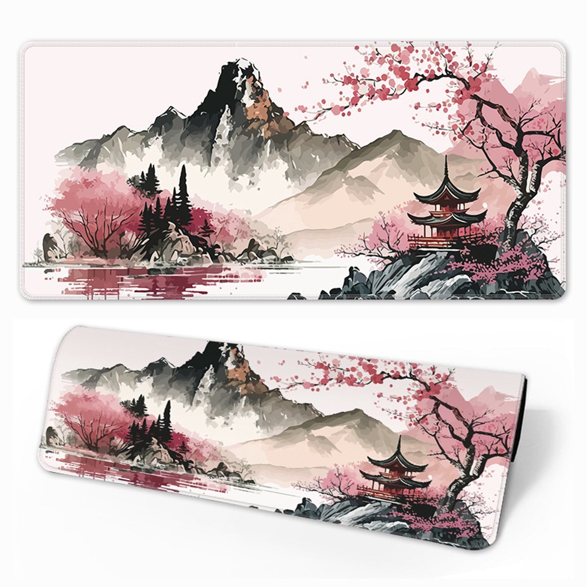 Image of Gamingmuismat - 800x300 mm - Antislip - Waterdicht - Gestikte randen (pruimenbloesem- en landschapsdesign)