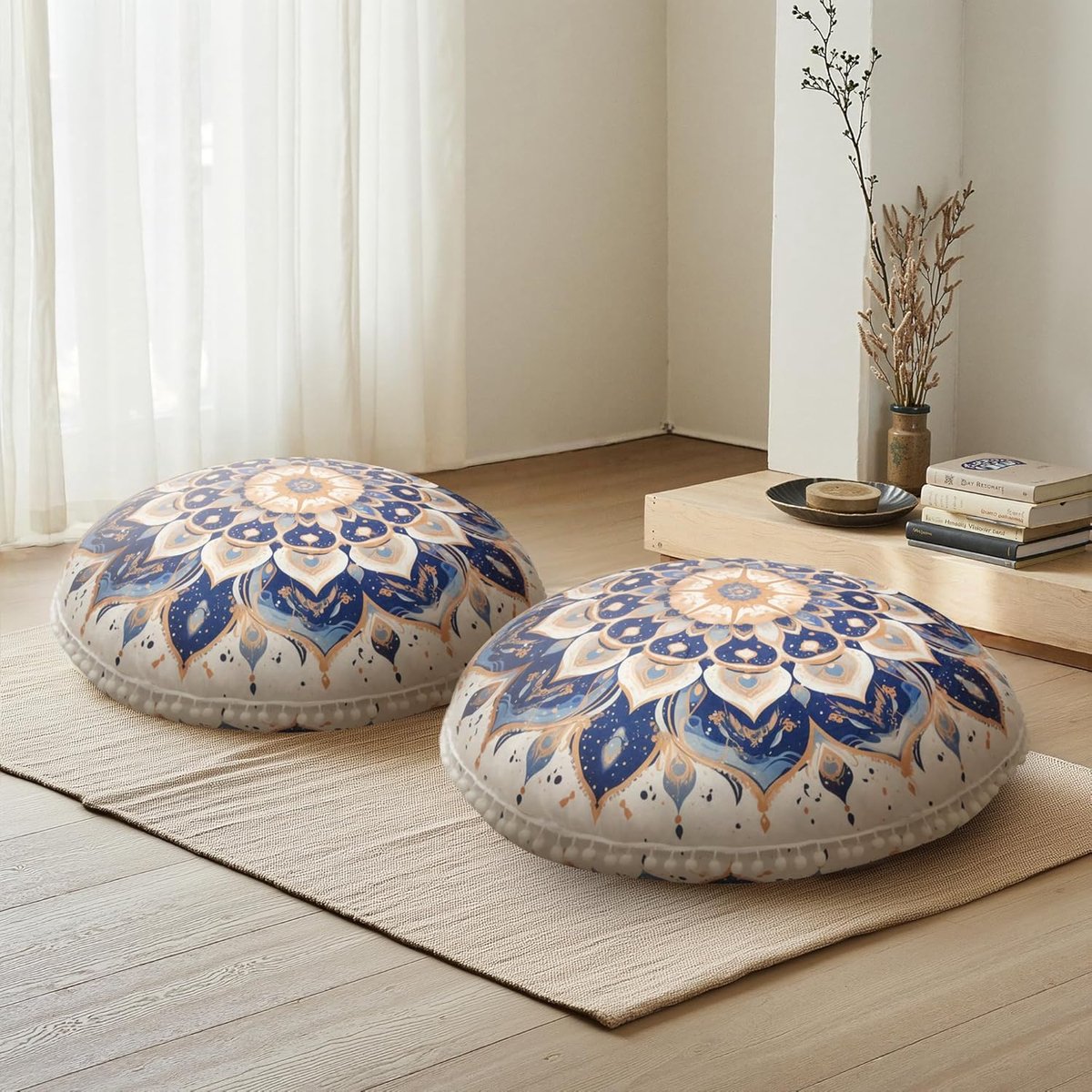 2 Stuks Rond meditatiekussen, vloerkussen met afneembare en wasbare overtrek, 80 cm groot, ergonomisch yogakussen met pompondecoraties, voor binnen en buiten, Navyblauw