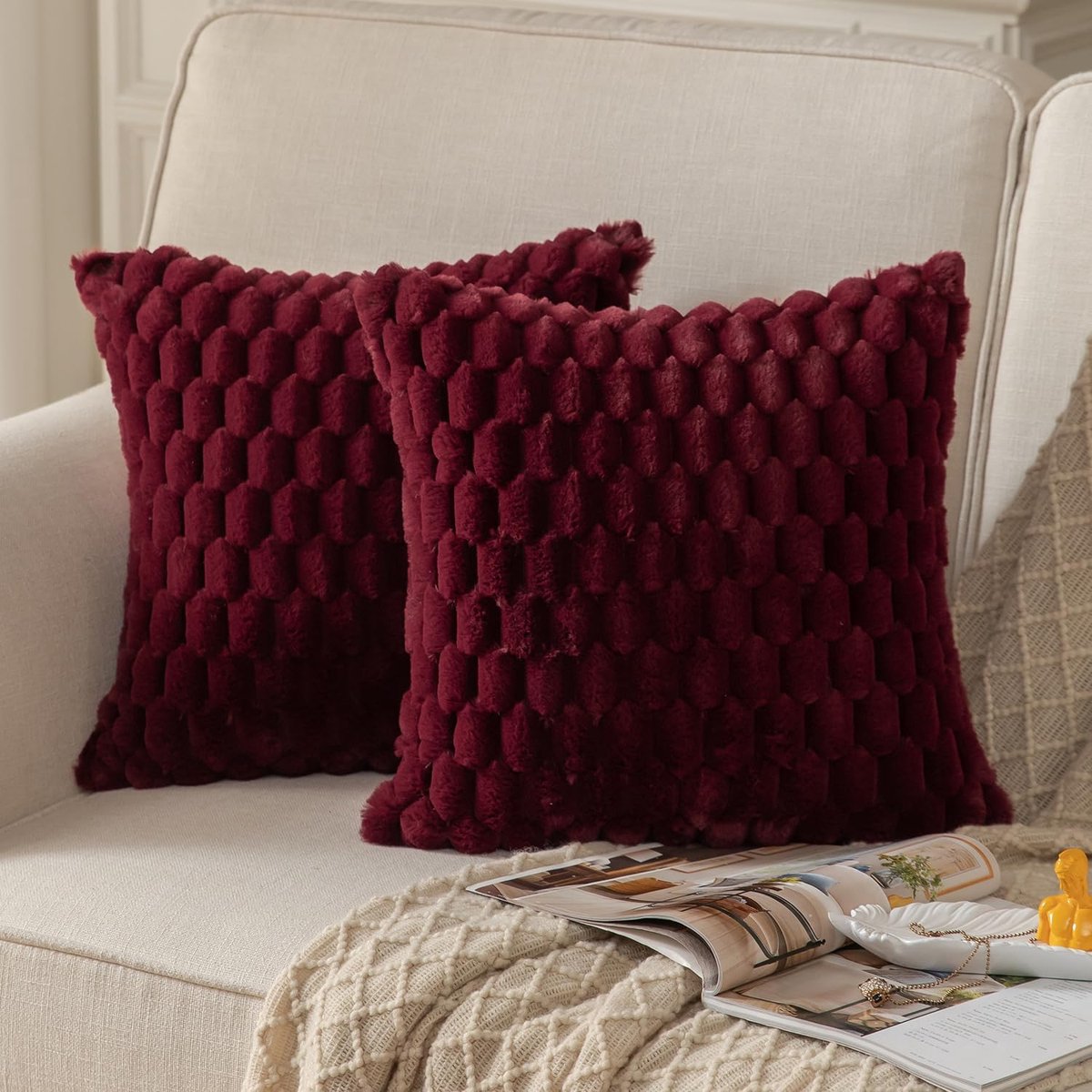 set van 2 bordeaux zachte pluche decoratieve kussenhoezen 45 x 45 cm (18 x 18 inch) wol fluweel kussenhoezen voor werpen bank bed woonkamer