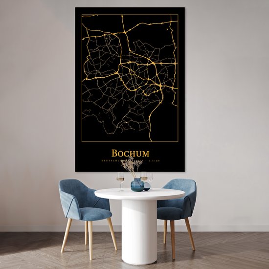 Poster 120x180 cm - Kaart - Bochum - Goud - Zwart - Posters - Kamer decoratie - Wanddecoratie woonkamer - Muurdecoratie slaapkamer XXL