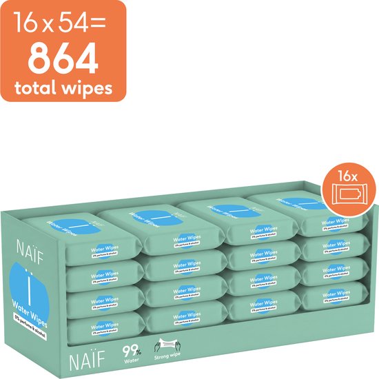 Naïf - Sterke Waterwipes - 99% Water - 0% parfum en 0% alcohol - 864 doekjes (16 stuks x 54 doekjes)