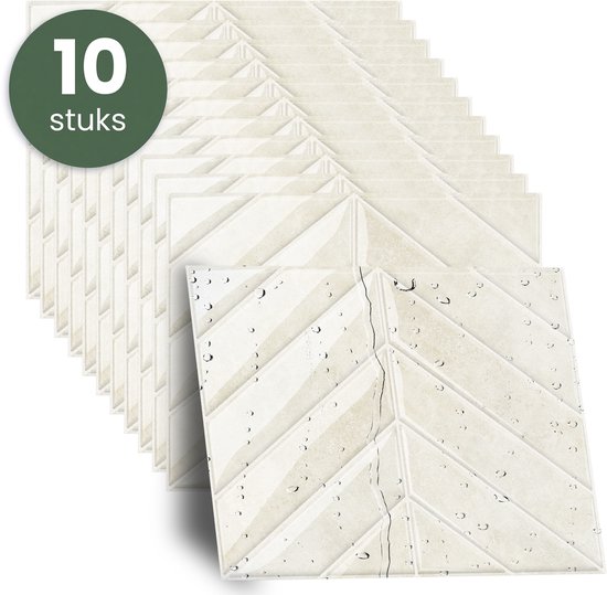 Tien beige visgraat muurstickers gestapeld, met close-up van het 3D-ontwerp en waterdruppels op het oppervlak.