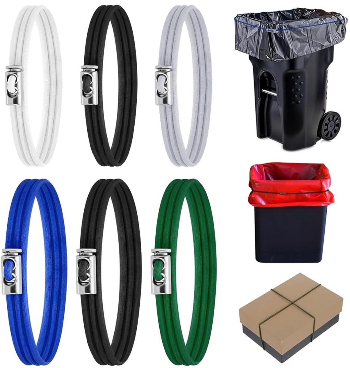 Dailygoods- Vuilnisbakbanden 6 Stuks - Verstelbare Rubber Banden - Grote/Kleine Maten - Duurzaam - Kleurrijke Rubber Benodigdheden - Voor Keuken/Badkamer - Vuilniszakbanden