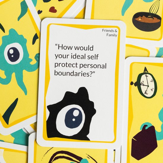 Kaart met de tekst 'How would your ideal self protect personal boundaries?' en een zwart monster-icoon, omringd door kaarten.