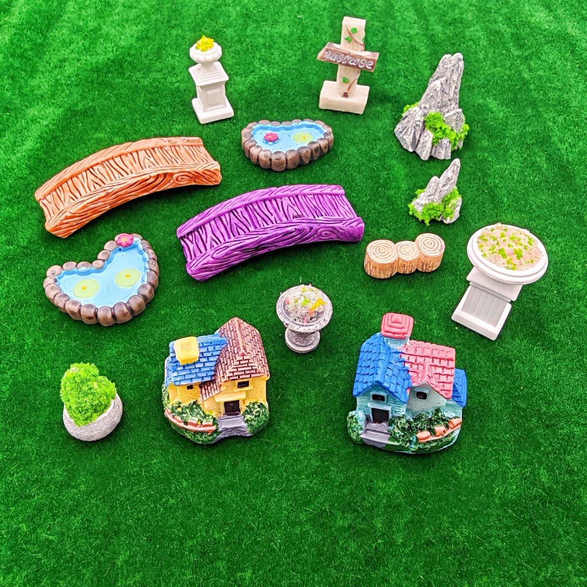 Dailygoods- Tuinaccessoires 14 stuks - Miniatuur Ornamenten - Harsdecor voor Doe-Het-Zelf - Vijver/Vuurtoren/Brug - Creatieve Tuindecoratie - Realistische Texturen - Miniatuurtuinornamenten