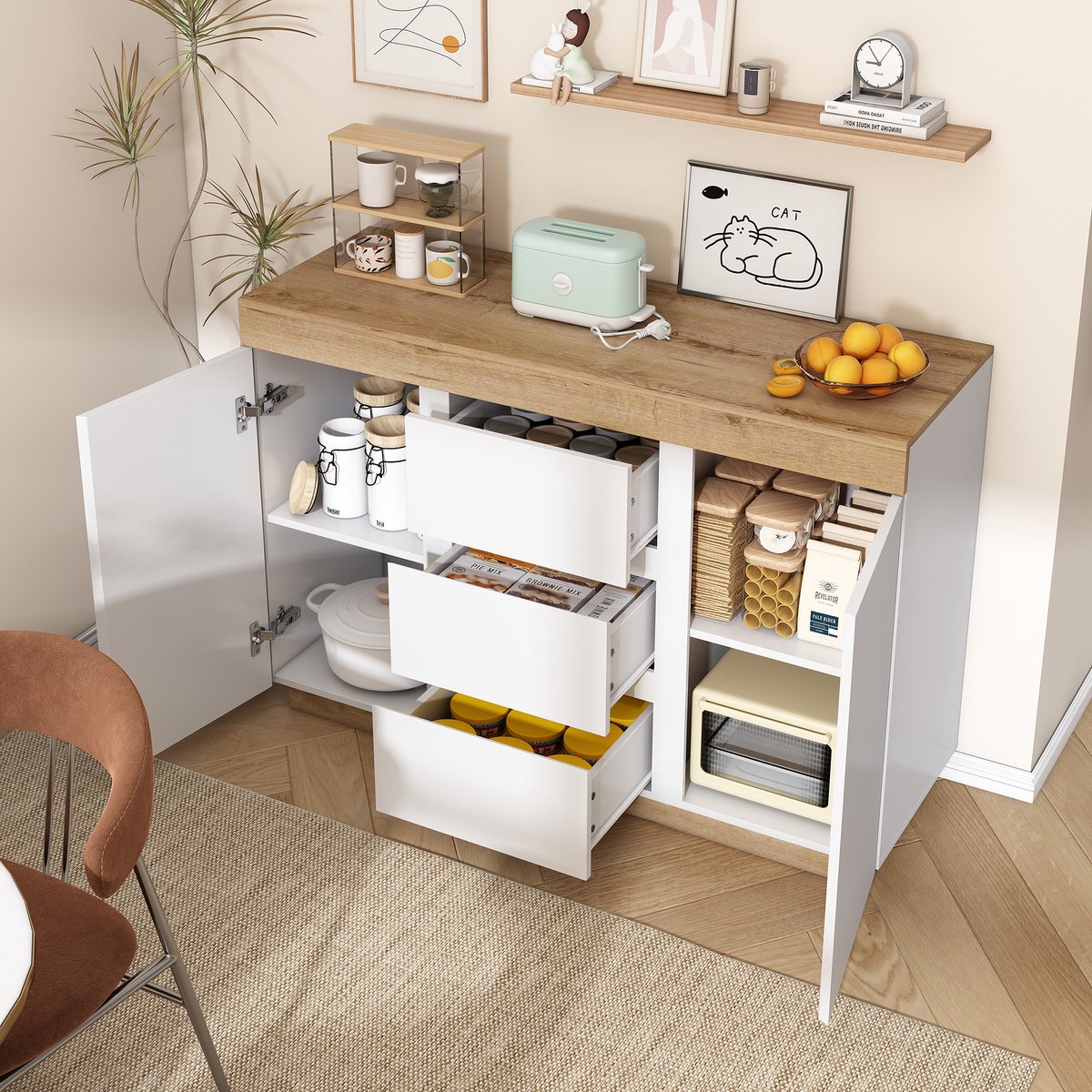 REDOM - Commode - 3 lades en 2 deuren - Opbergruimte - Klassieke stijl - Slaapkamer - E1-spaanplaat met eikenoptiek - Wit en eiken