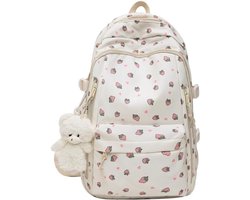 Bloemen-Aardbei Rugzak - Preppy-serie - Damesrugzak - Laptoptas 15,6 inch - Waterdicht Nylon - 8 vakken - Schoolrugzak - Reistas - Lichtgewicht - Kawaii-esthetiek - Roze bloemenprint