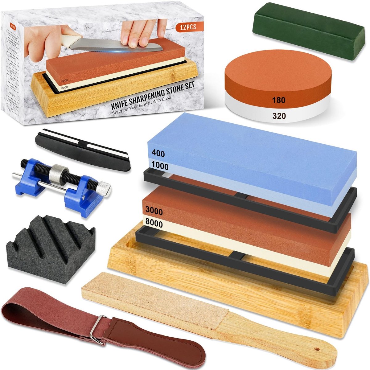 Dailygoods- Slijpsteenset 12-delig - Professionele Wetsteen Korrel 400/1000/3000/8000 - Antisliponderlagen - Hoeksteun - Slijphulp - Hoogwaardige Korund - Messenslijper