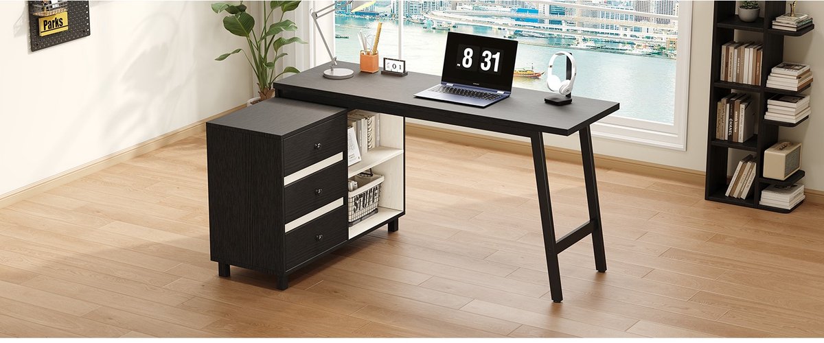 YYchan hoekbureau - zwart - 150 x 100 x 76 cm - met lade - met opbergruimte