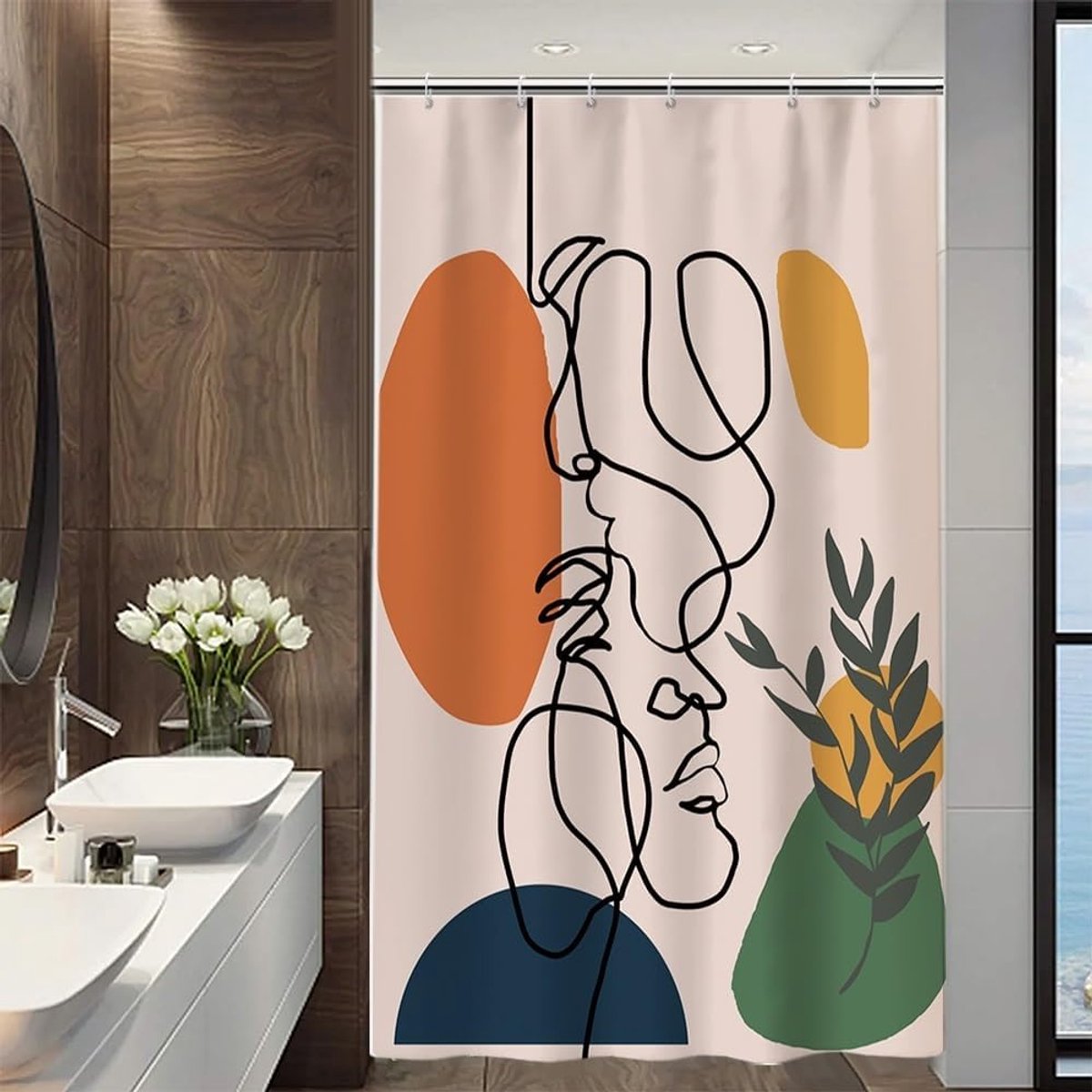 Badgordijnen met print - 180 x 180 cm douchegordijn - Abstracte gezichtsafbeelding Mid-century modern - Minimalistisch - Terracotta - Schimmelbestendig, waterdicht - Wasbare polyesterstof - Abstracte serie