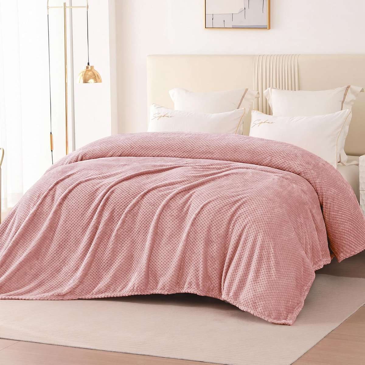Zachte en Warme Fleecedeken voor Bank en Bed met Wafelpatroon, Behaaglijke Aangename Deken, Woondeken, Bankdeken, 230x270cm, Roze