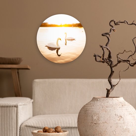Deux cygnes nagent dans l'eau pendant un coucher de soleil lumineux Assiette en plastique cercle mural Ø 30 cm - impression photo sur cercle mural / cercle vivant (décoration murale)