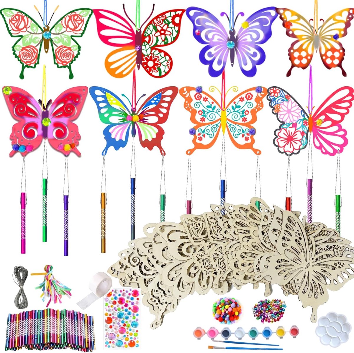 Houten vlinder windgong knutselset voor kinderen, vlinder houten hanger om te schilderen met bloemenpatroon, bel, strass, voor paasdecoratie lente tuin creatieve bezigheid verjaardag